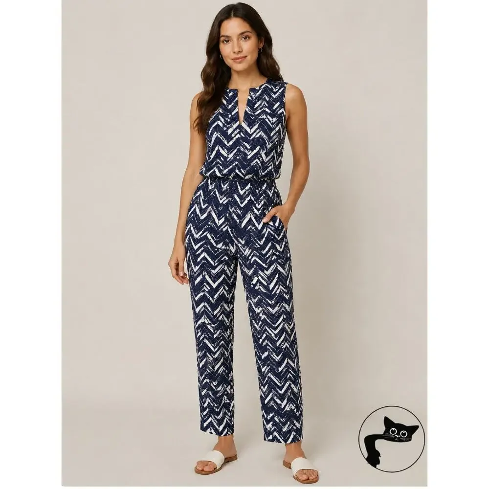 J Crew Cute Linen Zig-Zag Navy and White Print Sleeveless Jumpsuit Romper Size 0
